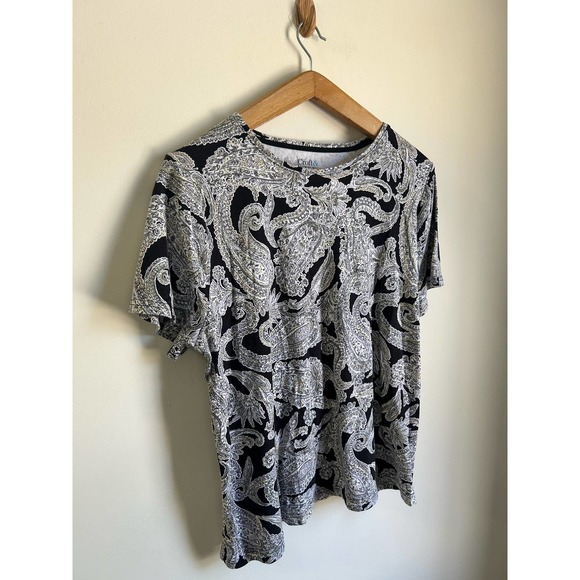 Croft & Barrow Black White Scoop Neck Paisley Cotton Short Sleeve Blouse 1X - Picture 2 of 5